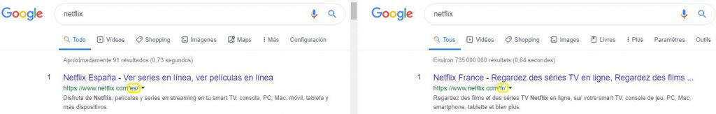 Dos resultados diferentes para Google en España y Francia. Dos resultados diferentes para Google en España y Francia.